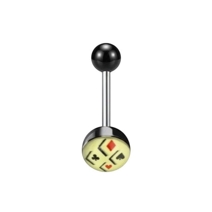 Aramat Jewels surgical steel tongue piercing with black balls and a cream-colored acrylic logo featuring playing card symbols.