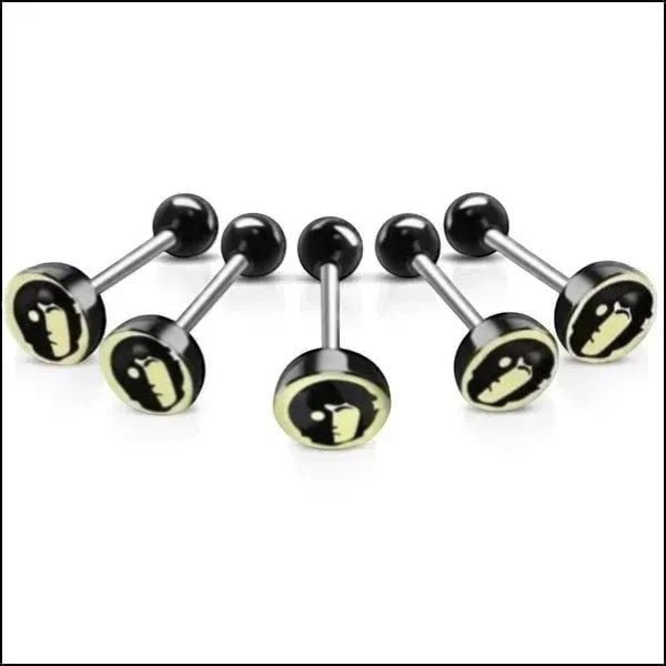 Aramat Jewels surgical steel tongue piercing with black acrylic logo and black ball ends. 16mm length, 1.6mm gauge.