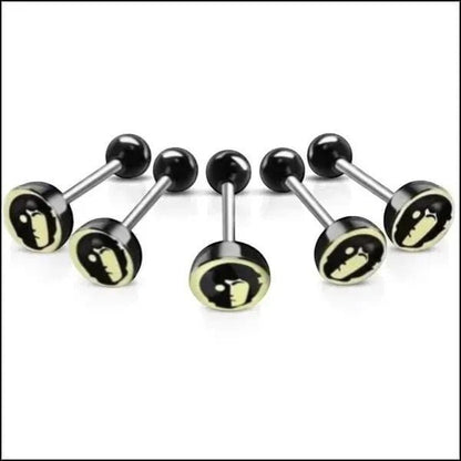 Aramat Jewels surgical steel tongue piercing with black acrylic logo and black ball ends. 16mm length, 1.6mm gauge.