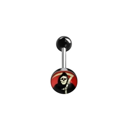 Aramat Jewels surgical steel tongue piercing with a black acrylic logo featuring a grim reaper design with a red background.