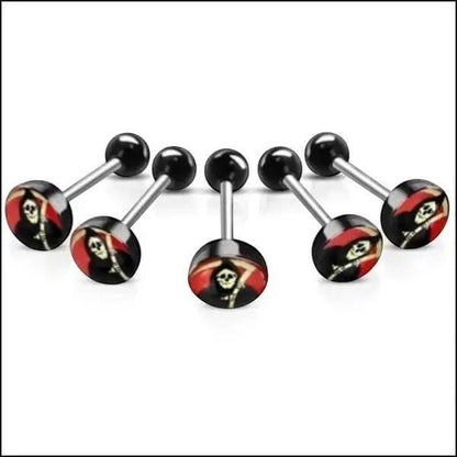 Aramat Jewels surgical steel tongue piercing with black acrylic balls and a grim reaper logo design.