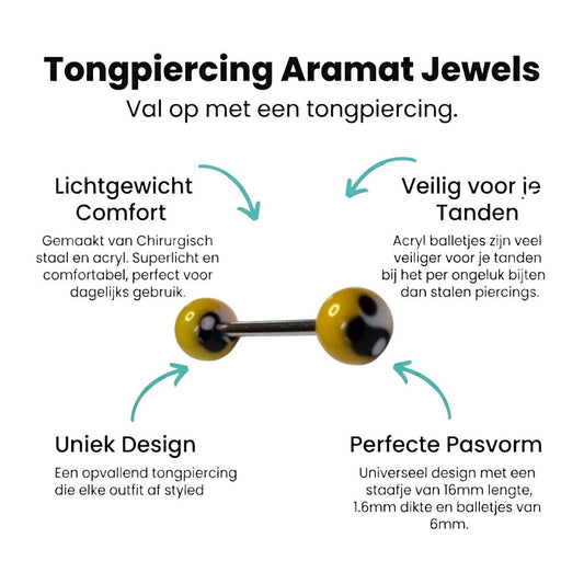 Aramat Jewels steel tongue piercing with yellow acrylic balls featuring a black and white yin yang design.