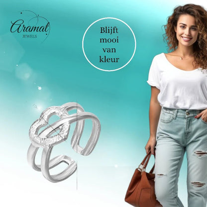 Stalen Verstelbare Open Ring - Bewerkt Hartje - One Size - ring259 - 80115 - Ringen kopen