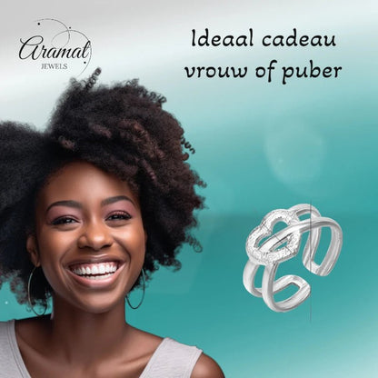 Stalen Verstelbare Open Ring - Bewerkt Hartje - One Size - ring259 - 80115 - Ringen kopen