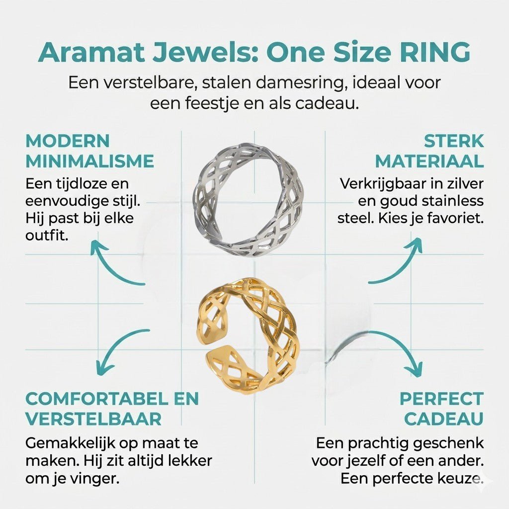 Stalen Verstelbare Open Ring - Gevlochten Motief - One Size - Aramat Jewels - Ringen - cadeautip