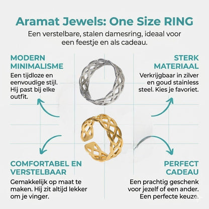 Stalen Verstelbare Open Ring - Gevlochten Motief - One Size - Aramat Jewels - Ringen - cadeautip