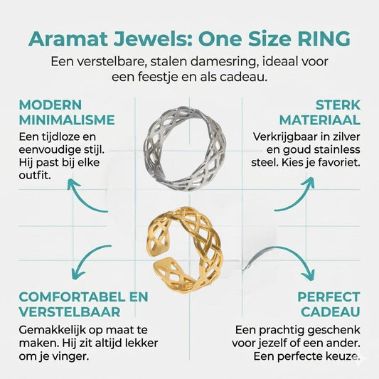 Stalen Verstelbare Open Ring - Gevlochten Motief - One Size - Aramat Jewels - Ringen - cadeautip