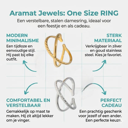 Stalen Verstelbare Open Ring - Glad & Gestreept - One Size - Aramat Jewels - Ringen - cadeautip