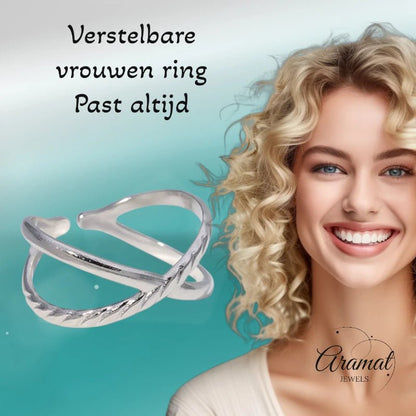 Stalen Verstelbare Open Ring - Glad & Gestreept - One Size - ring253 - 160891 - Ringen kopen
