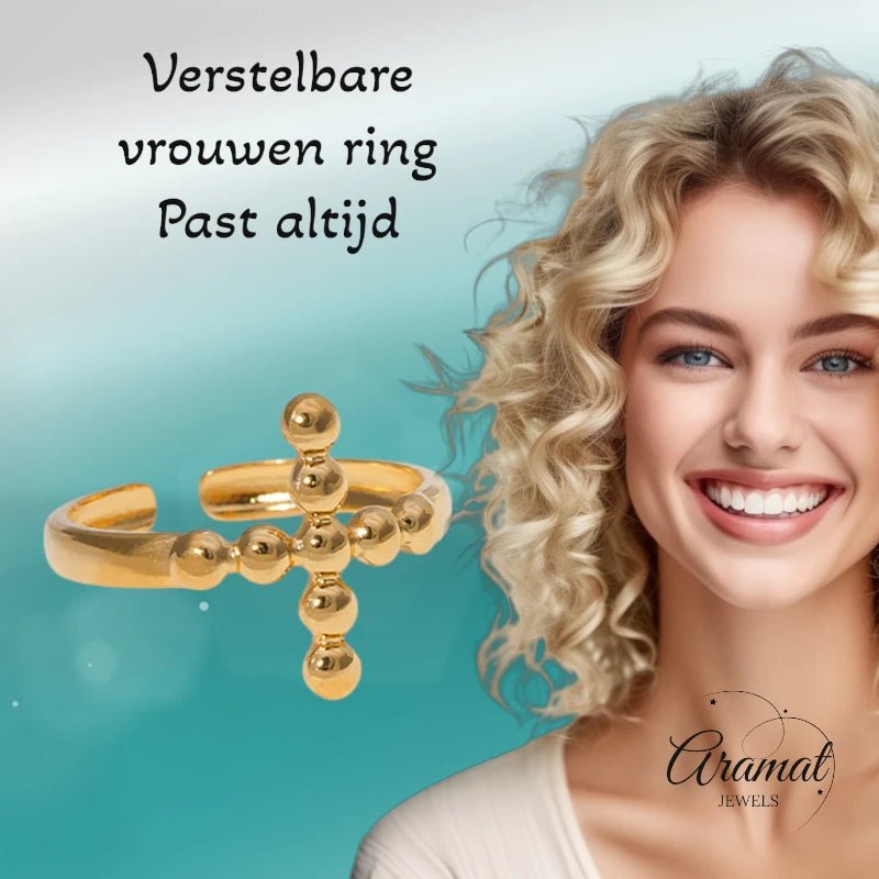 Stalen Verstelbare Open Ring - Kruis van Dots - One Size - ring293 - 161596 - Ringen kopen