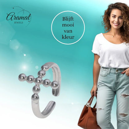 Stalen Verstelbare Open Ring - Kruis van Dots - One Size - ring300 - 161595 - Ringen kopen