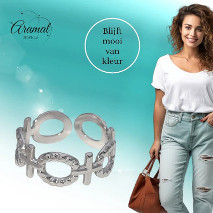 Stalen Verstelbare Open Ring - Schakel Motief & Dots - One Size - ring274 - 161594 - Ringen kopen