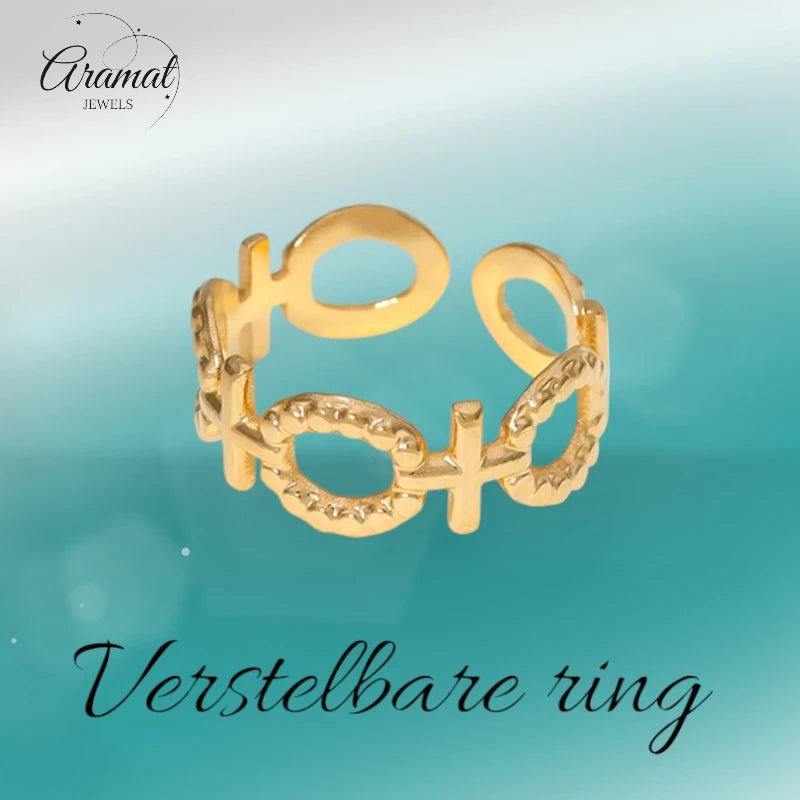 Stalen Verstelbare Open Ring - Schakel Motief & Dots - One Size - ring274 - 161594 - Ringen kopen