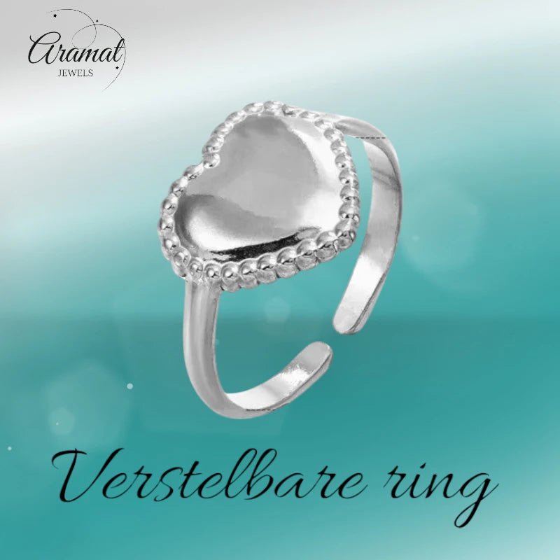 Stalen verstelbare ring - hart met bolletjes rand - ring236 - tm - ZN034 - Ringen kopen# - Zilverkleur - alles - cadeau