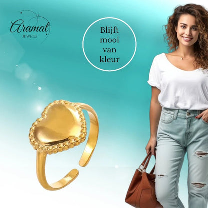 Stalen verstelbare ring - hart met bolletjes rand - ring236 - tm - ZN034 - Ringen kopen# - Zilverkleur - alles - cadeau