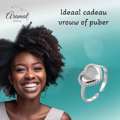 Stalen verstelbare ring - hart met bolletjes rand - ring236 - tm - ZN034 - Ringen kopen# - Zilverkleur - alles - cadeau