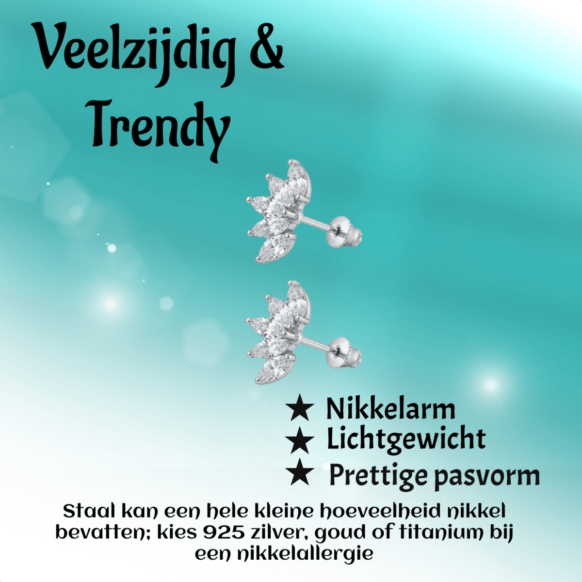 Stalen Zirkonia Waaiertjes Oorbellen 10mm Schroefsluiting - Aramat Jewels - RVS Sieraden - Oorbellen - cadeautip