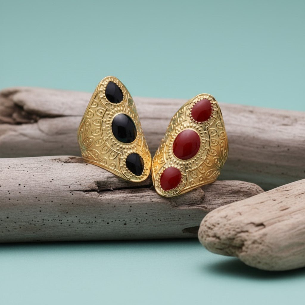 Statement Ring RVS met Drie Ovale Emaille Vullingen (45 mm Lang) - Aramat Jewels - Ringen - cadeautip