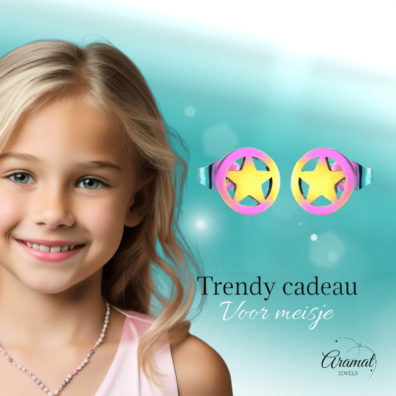 Ster cirkel oorstekers multikleur staal – 8mm - Aramat Jewels - Oorbellen - cadeautip