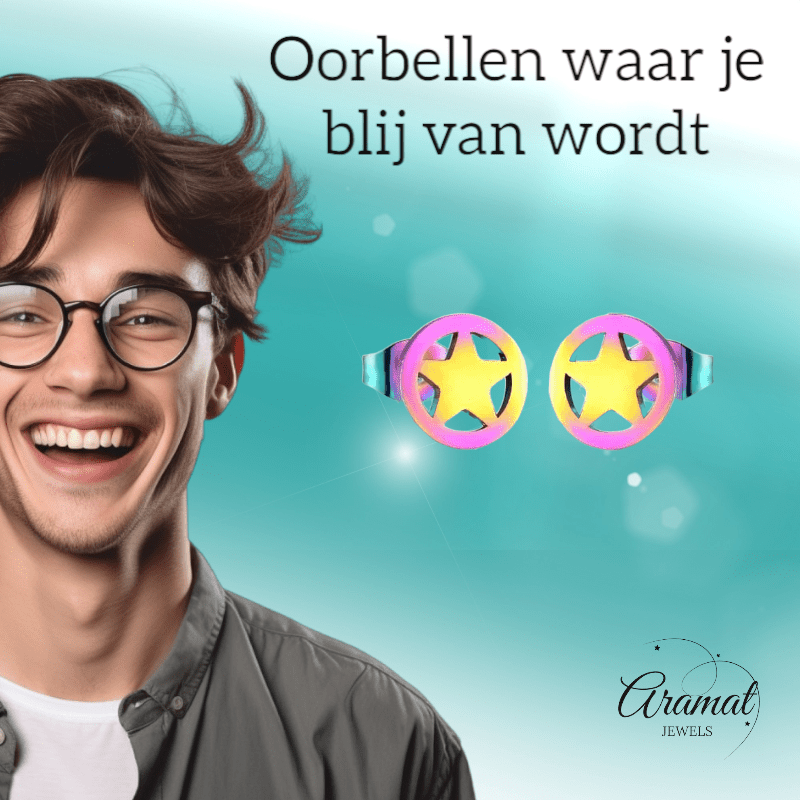 Ster cirkel oorstekers multikleur staal – 8mm - Aramat Jewels - Oorbellen - cadeautip