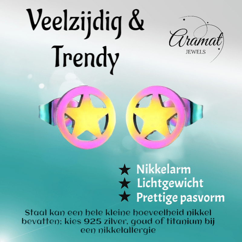 Ster cirkel oorstekers multikleur staal – 8mm - Aramat Jewels - Oorbellen - cadeautip