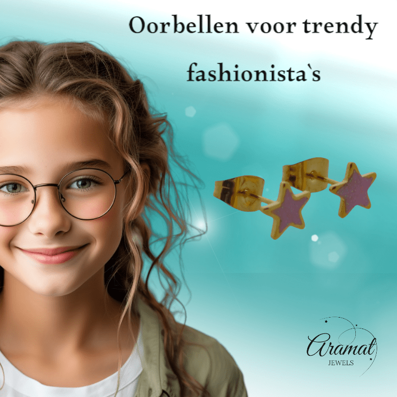 Ster Oorbellen - goudkleur - 6mm - Roze Emaille - Aramat Jewels - Oorbellen - cadeautip
