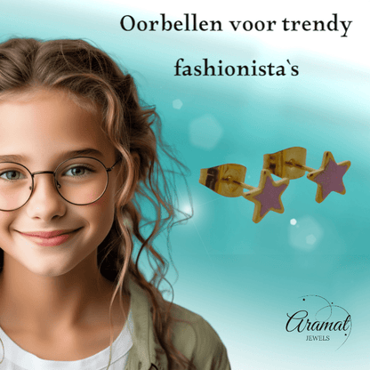 Ster Oorbellen - goudkleur - 6mm - Roze Emaille - Aramat Jewels - Oorbellen - cadeautip