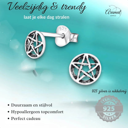 Sterling Zilveren Gotische Ster Oorknopjes Antieklook Rond 6mm - Aramat Jewels - Oorbellen - cadeautip
