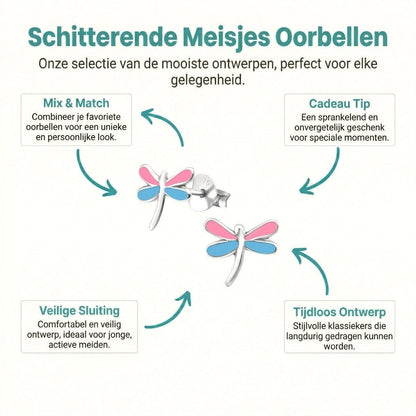 Sterling Zilveren Libelle Oorstekers Multicolor Emaille Roze Blauw 9x8mm - Aramat Jewels - Oorbellen - cadeautip