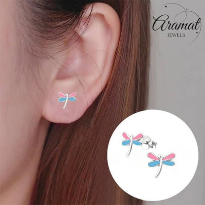 Sterling Zilveren Libelle Oorstekers Multicolor Emaille Roze Blauw 9x8mm - Aramat Jewels - Oorbellen - cadeautip
