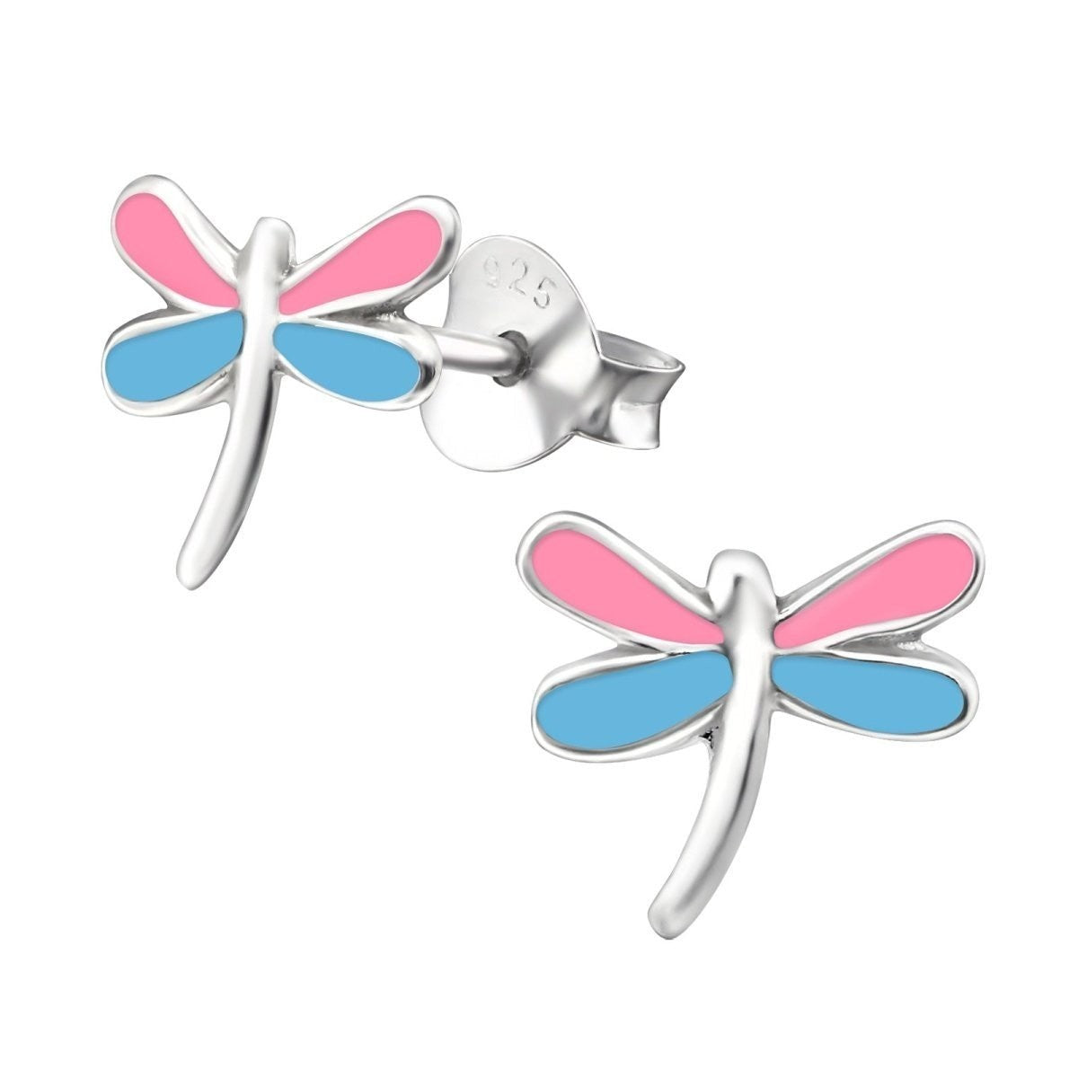Aramat Jewels sterling silver dragonfly stud earrings with pink and blue enamel wings, 9x8mm.