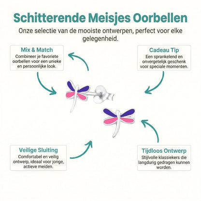 Sterling Zilveren Libelle Oorstekers Multicolor Emaille Roze Paars 9x8mm - Aramat Jewels - Oorbellen - cadeautip