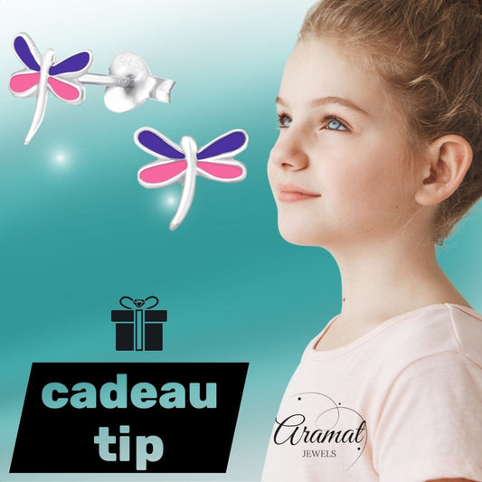 Sterling Zilveren Libelle Oorstekers Multicolor Emaille Roze Paars 9x8mm - Aramat Jewels - Oorbellen - cadeautip