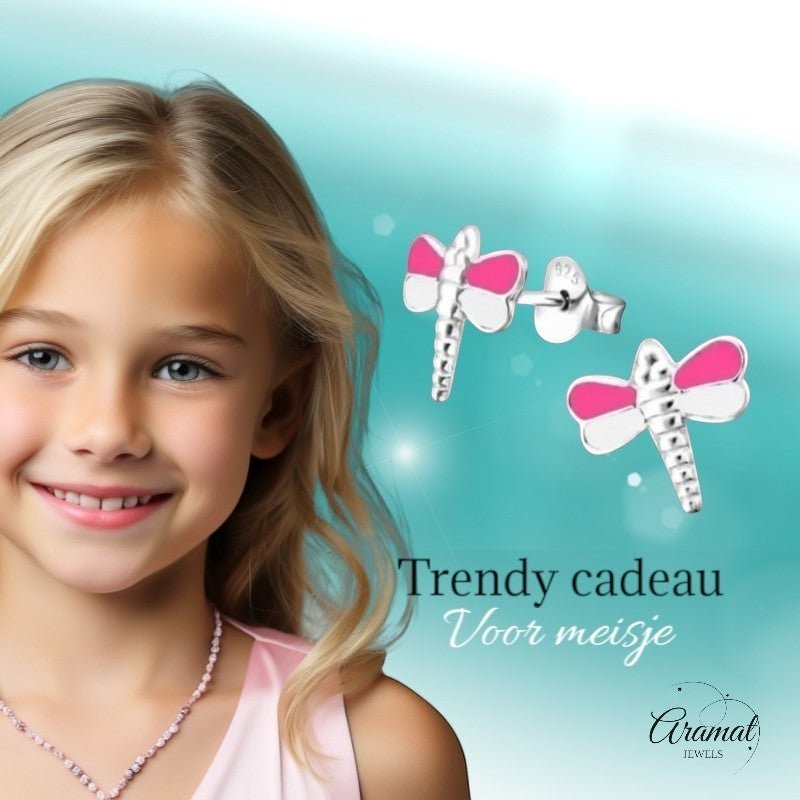 Sterling Zilveren Libelle Oorstekers Roze en Wit Emaille 10x9mm - Aramat Jewels - Oorbellen - cadeautip