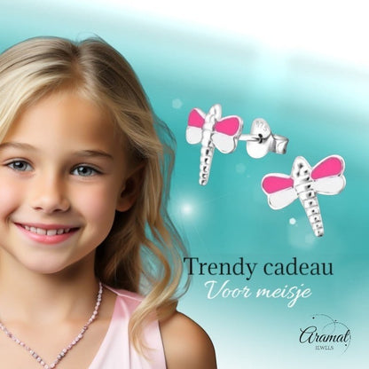 Sterling Zilveren Libelle Oorstekers Roze en Wit Emaille 10x9mm - Aramat Jewels - Oorbellen - cadeautip