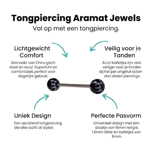 Aramat Jewels black and white acrylic cannabis leaf tongue piercing. Steel bar with acrylic balls.