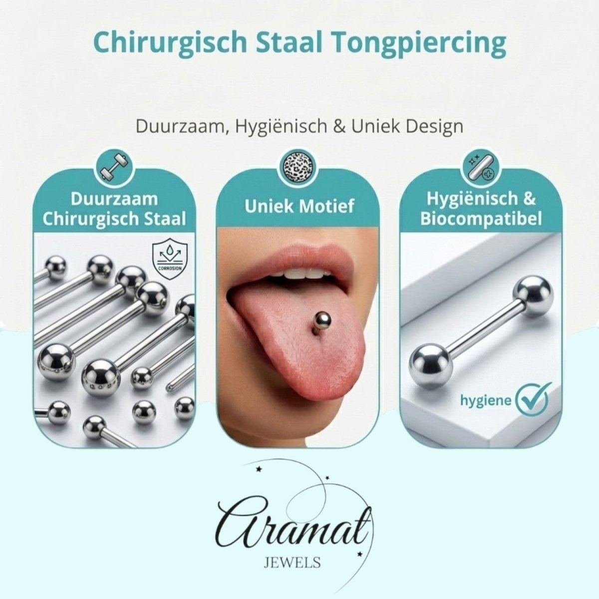 Aramat Jewels surgical steel tongue piercing with a silver barbell and a small ball. Durable and hygienic.