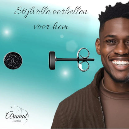 Stoere Zwarte Oorbellen Sandblast - 5mm RVS Mat - oor6204 - tm - Oorbellen kopen# - 5mm - alles - cadeau