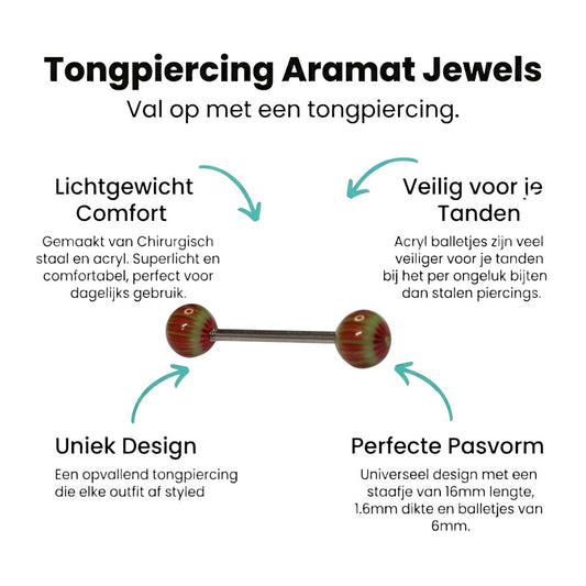 Aramat Jewels tongue piercing with red and green striped acrylic balls and a steel bar.