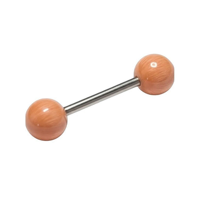 Aramat Jewels steel tongue piercing with a peach-colored pearl ball.