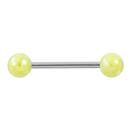Aramat Jewels steel tongue piercing with a light yellow pearl ball. Hypoallergenic and suitable for healed piercings.