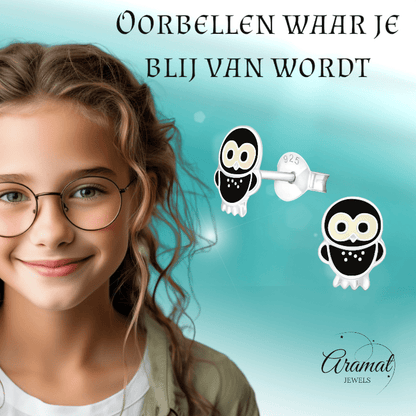 Trendy Zilveren Uiltjes Oorbellen - Zwart Emaille - oor257 - 3679 - Oorbellen kopen