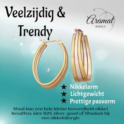 Triple Oorringen Ovaal 35x9mm - Goud & Zilver - oor6285 - 49846 - Oorringen kopen# - 35mm - alles - bicolor