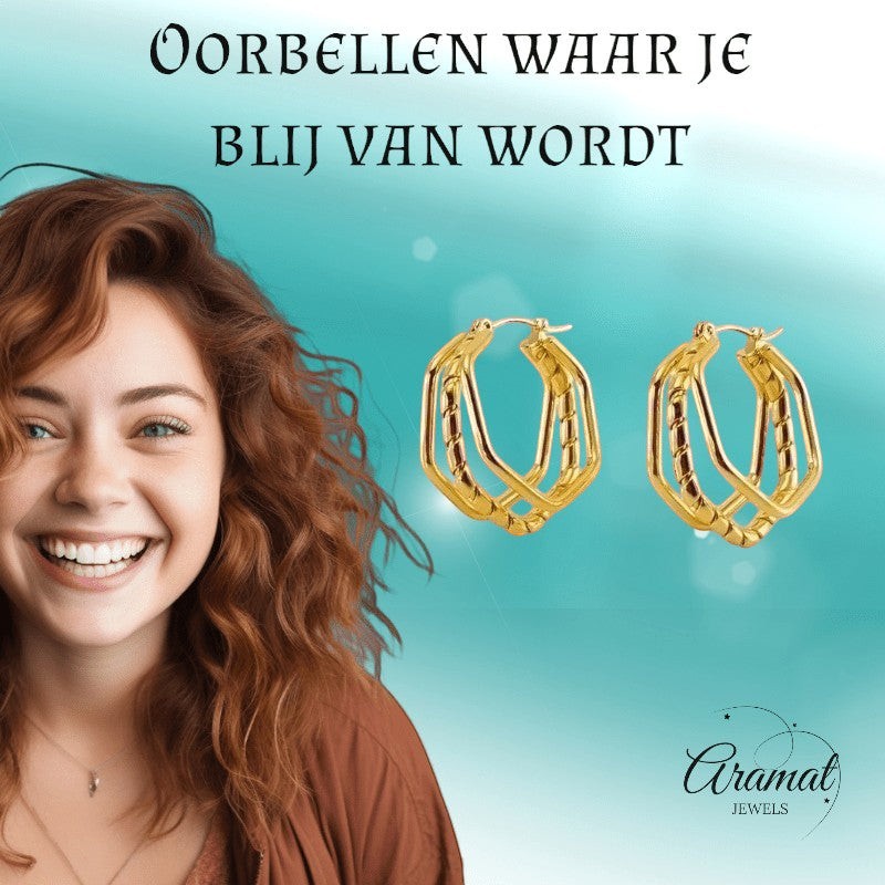 Triple RVS Oorringen Swirl Design 30x28mm - Goudkleurig - oor6370 - 69934 - Oorringen kopen# - 30mm - alles - cadeau