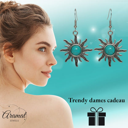 Turquoise Boho Oorhangers Zonvorm Antiek Zilver - Aramat Jewels - Oorhangers - cadeautip