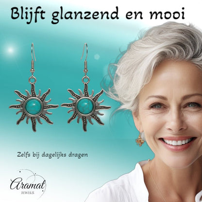Turquoise Boho Oorhangers Zonvorm Antiek Zilver - Aramat Jewels - Oorhangers - cadeautip