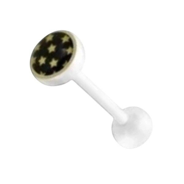 Aramat Jewels white bioplast tongue piercing with a clear ball featuring a pattern of yellow stars.