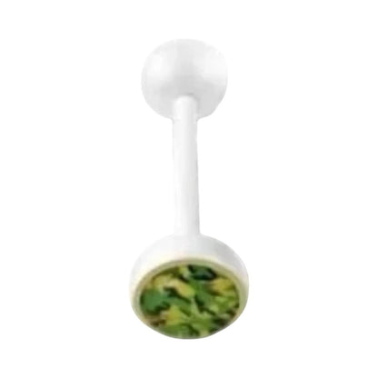 Aramat Jewels white bioplast tongue piercing with a green and yellow patterned ball.