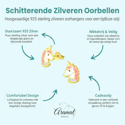 Unieke Zilveren Unicorn Oorbellen - Goudkleurig & Kristal - Aramat Jewels - Oorbellen - cadeautip