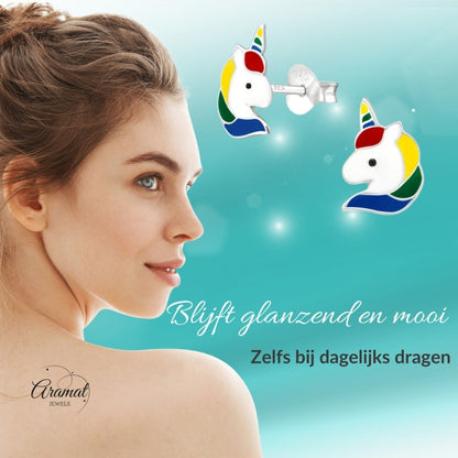 Unieke Zilveren Unicorn Oorbellen - Regenboog Cadeautje - Aramat Jewels - Oorbellen - cadeautip
